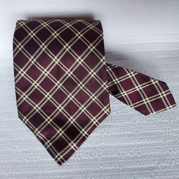POLO RALPH LAUREN 100% Silk Tie Burgundy Gold Plaid Made in USA Designer Luxury - Picture 1 of 10